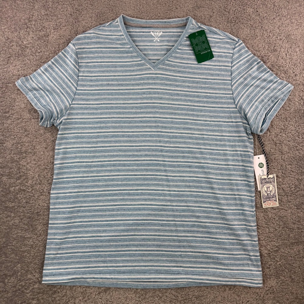 Flag & Anthem Lamar Striped Vee Shirt Mens XL Light Blue V-Neck SP18 KT634 NEW